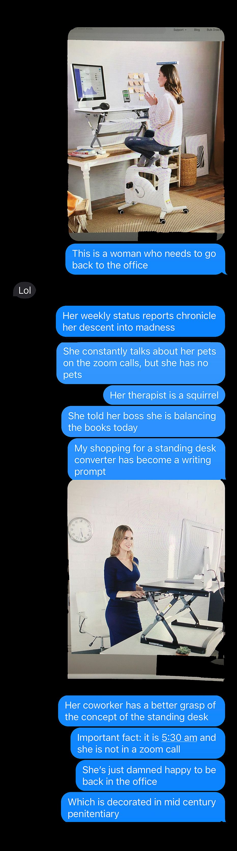 A text exchange about a woman''s descent into madness working from home.